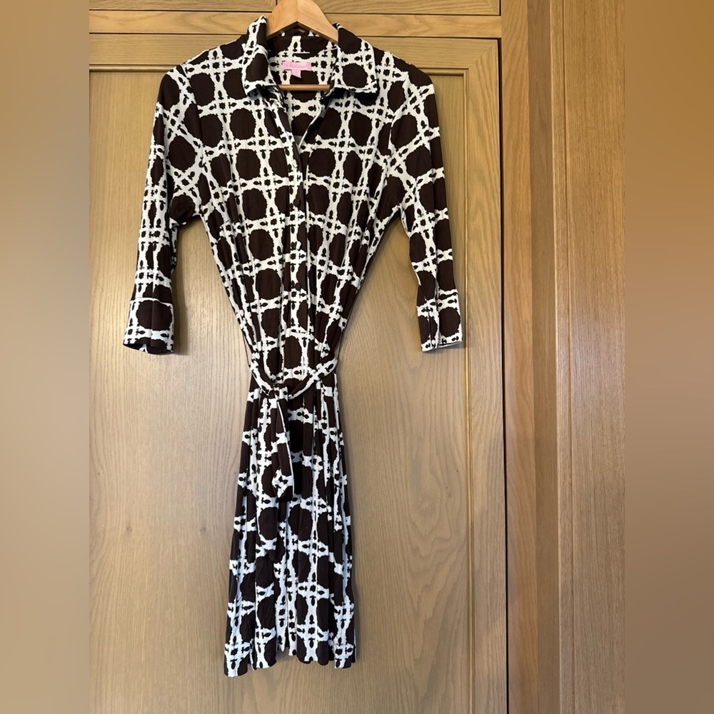 Lilly Pulitzer Brown White Silk Geometric Shirt Dress Quarter Sleeve Belted - 12